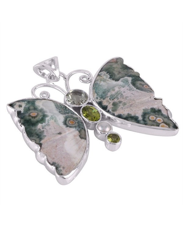 Ocean Jasper Pearl Peridot Green Amethyst and Silver Butterfly Pendant