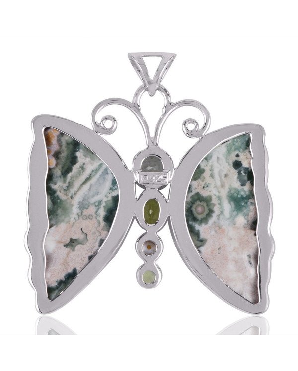 Ocean Jasper Pearl Peridot Green Amethyst and Silver Butterfly Pendant