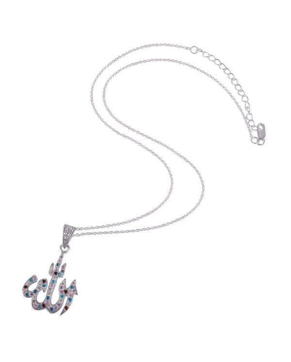 Allah Pendant Multi Color CZ and Solid Silver Allah Locket Necklace