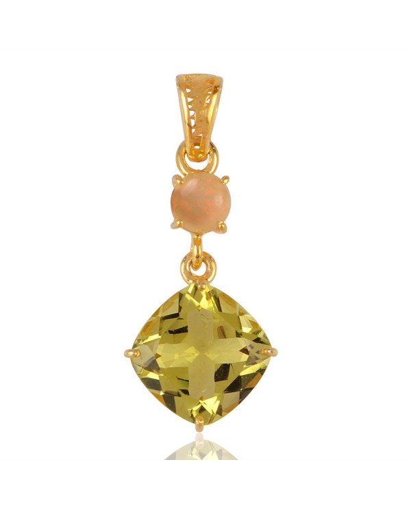 Ethiopian Opal and Lemon Quartz Dangler Pendant Sterling Silver