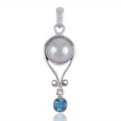Pearl and Blue Topaz BT Solid Silver Pendant