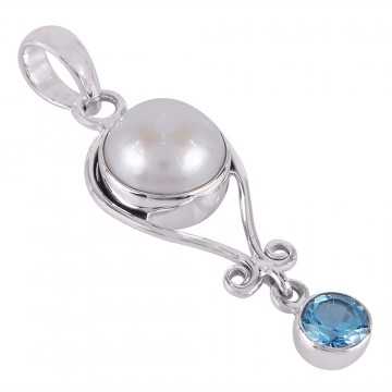 Pearl and Blue Topaz BT Solid Silver Pendant