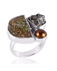 Shining Druzy Pearl and Meteorite Solid Silver Ring