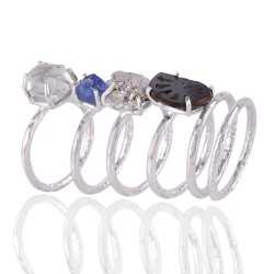 Set of 6 Rings Silver Amonite Meteorite Herkimer Diamond Tanzanite Rough Gemstone Ring