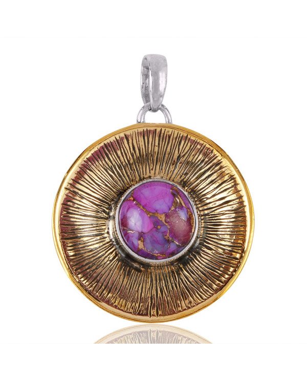 Silver and Brass Two Tone Two Metal Pendant with Purple Copper Turquoise Gemstone