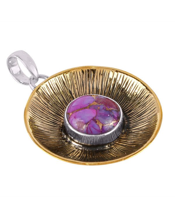 Silver and Brass Two Tone Two Metal Pendant with Purple Copper Turquoise Gemstone