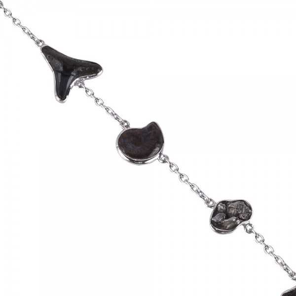Fossil Ammonite Shark Tooth and Meteorite Sterling Silver Bracelet