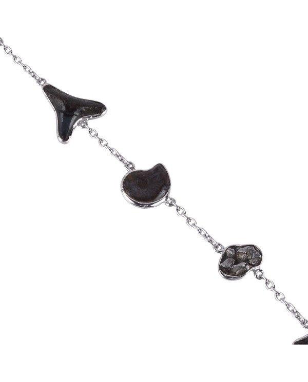 Fossil Ammonite Shark Tooth and Meteorite Sterling Silver Bracelet
