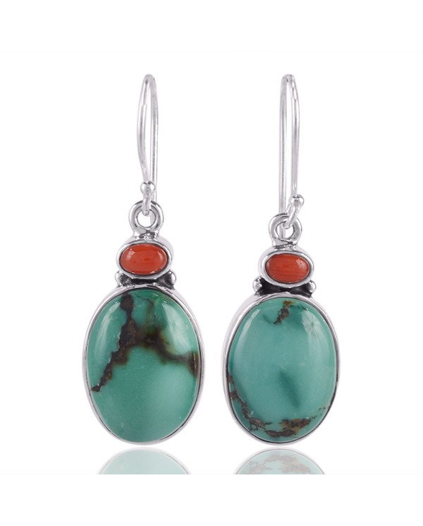 Red Coral and Natural Turquoise Solid Silver Gemstone Earrings