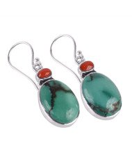 Red Coral and Natural Turquoise Solid Silver Gemstone Earrings