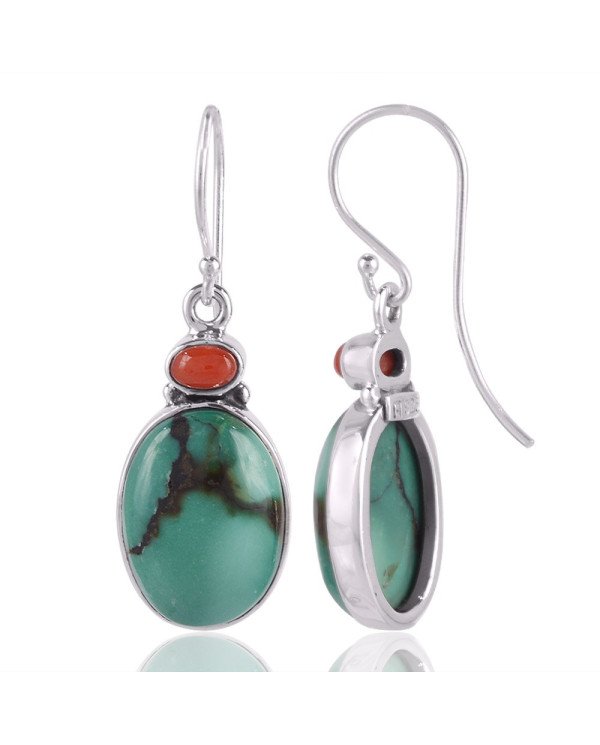 Red Coral and Natural Turquoise Solid Silver Gemstone Earrings