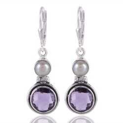 White Pearl and Amethyst Sterling 925 Silver Earrings