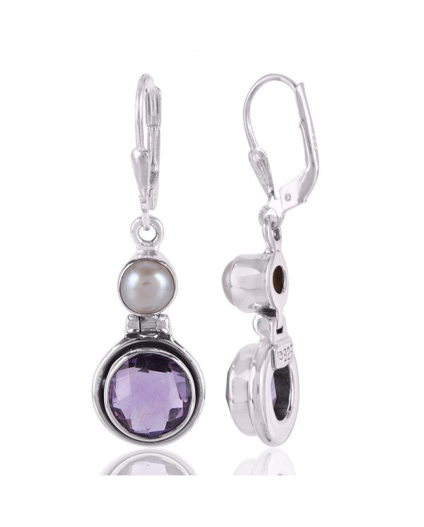 White Pearl and Amethyst Sterling 925 Silver Earrings