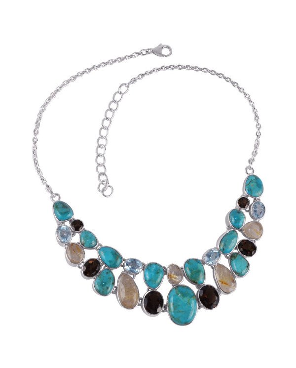 Blue Turquoise Rutilated Quartz Rutile Blue Topaz and Smoky Solid Silver Necklace