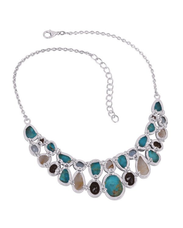 Blue Turquoise Rutilated Quartz Rutile Blue Topaz and Smoky Solid Silver Necklace