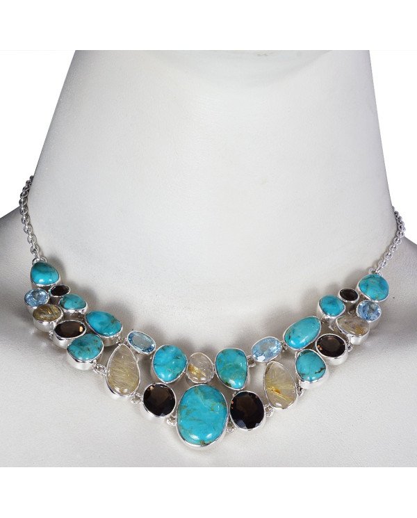 Blue Turquoise Rutilated Quartz Rutile Blue Topaz and Smoky Solid Silver Necklace