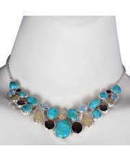 Blue Turquoise Rutilated Quartz Rutile Blue Topaz and Smoky Solid Silver Necklace