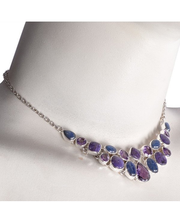 Kyanite Charoite and Amethyst 925 Silver Choker Necklace