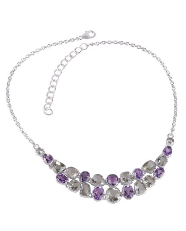 Amethyst and Green Amethyst AKA Prasiolte Gemstone Silver Necklace