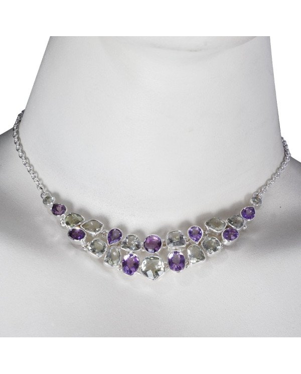 Amethyst and Green Amethyst AKA Prasiolte Gemstone Silver Necklace