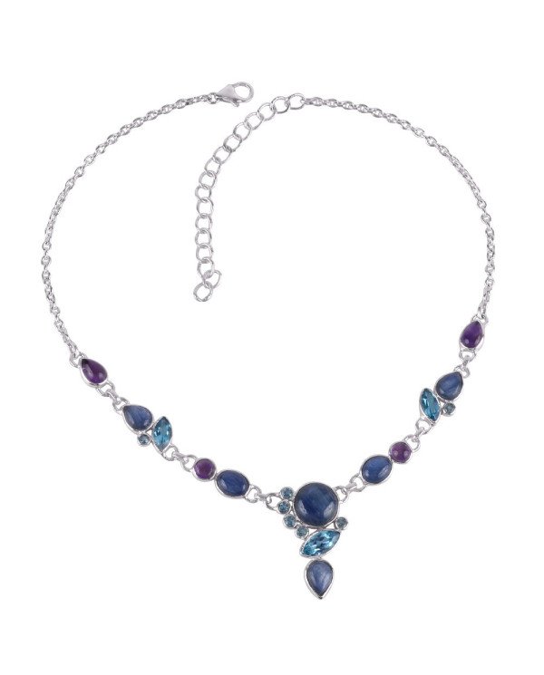 Blue Topaz Kyanite and Amethyst Solid 925 Silver Necklace