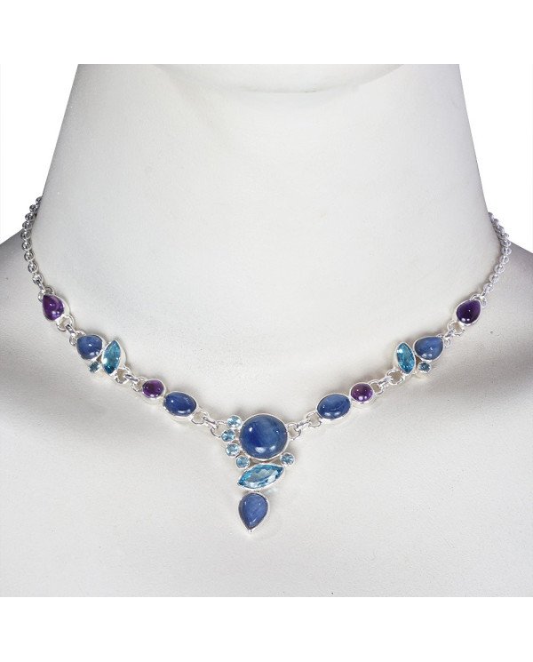 Blue Topaz Kyanite and Amethyst Solid 925 Silver Necklace