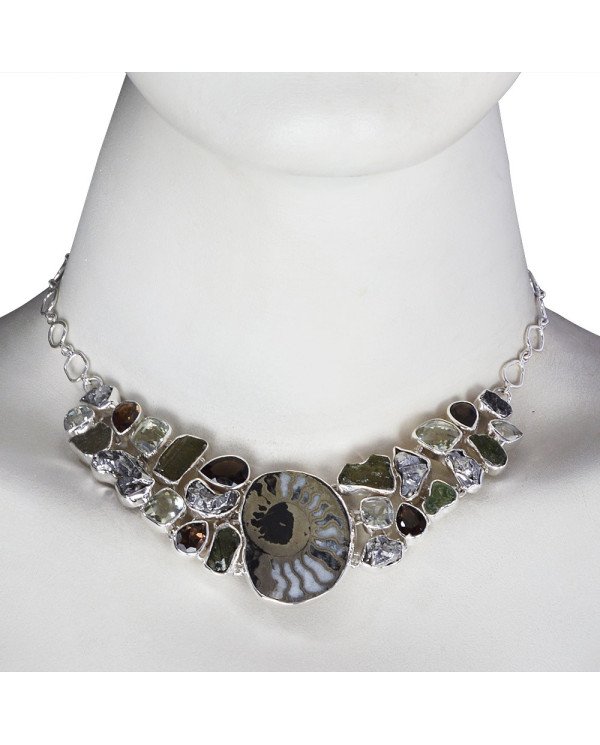 Solid 925 Silver and Russian Pyrite Ammonite Smoky Prasiolite Moldavite Gemstone Big Necklace