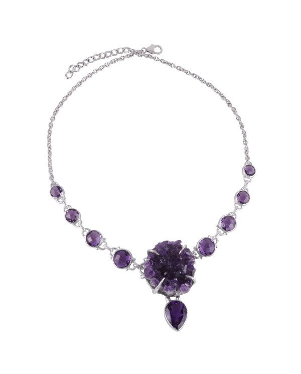 Amethyst Druzy Drusy and Faceted Gemstone Solid Siver Drop Necklace