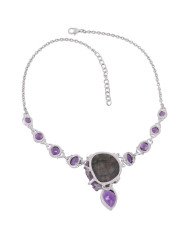Amethyst Druzy Drusy and Faceted Gemstone Solid Siver Drop Necklace