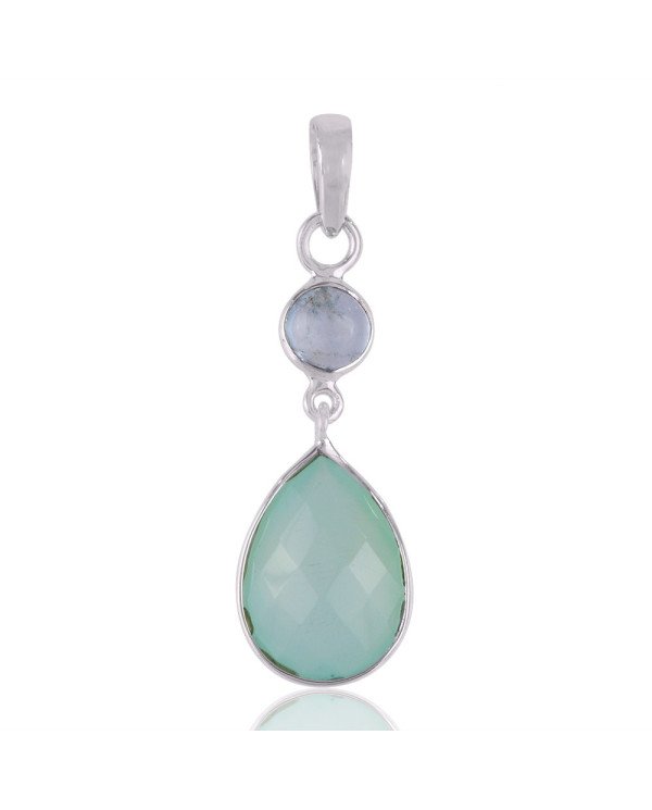 Prehnite Chalcedony and Aquamarine Solid 925 Silver Tear Drop Pendant Necklace