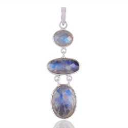 Rainbow Moonstone and Sterling Silver Dangling Pendant Necklace
