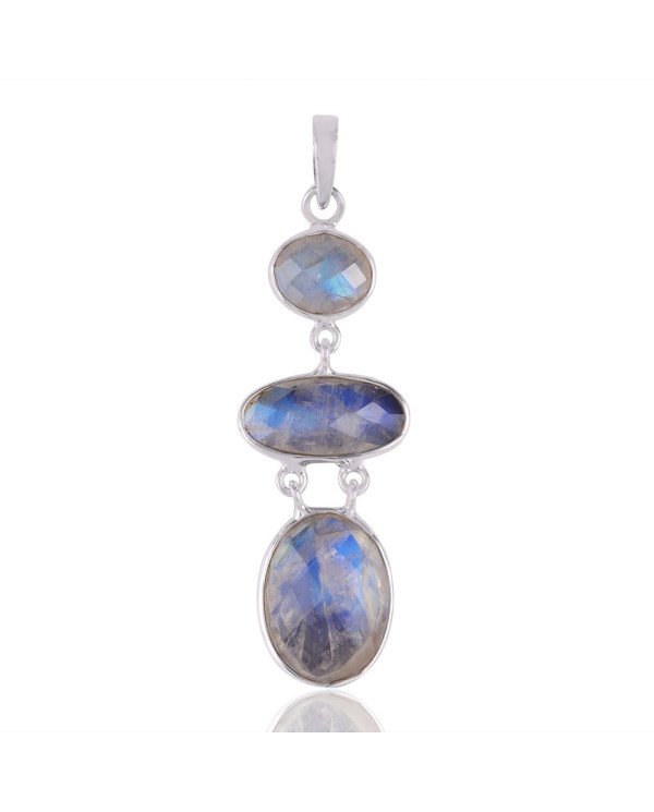 Rainbow Moonstone and Sterling Silver Dangling Pendant Necklace