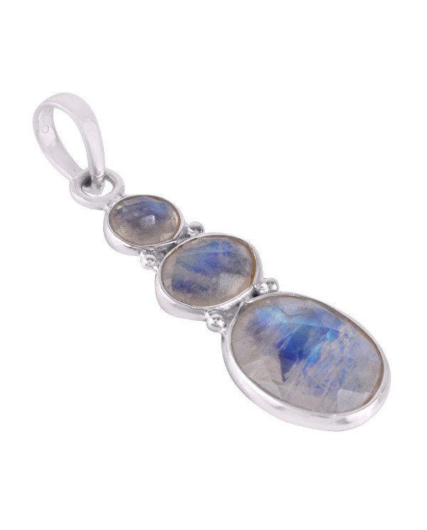 Solid 925 Silver and Rainbow Moonstone Gemstone Dangle Pendant Necklace