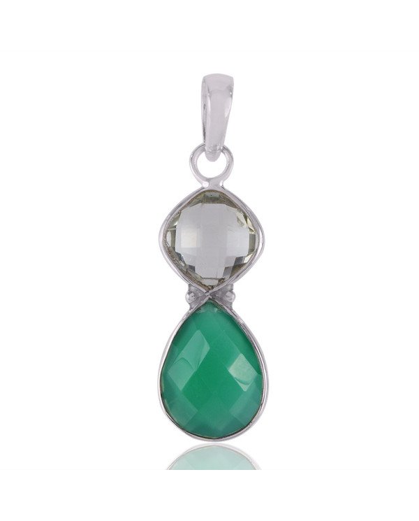 White Pearl and Sterling Silver Green Onyx Dangle Pendants