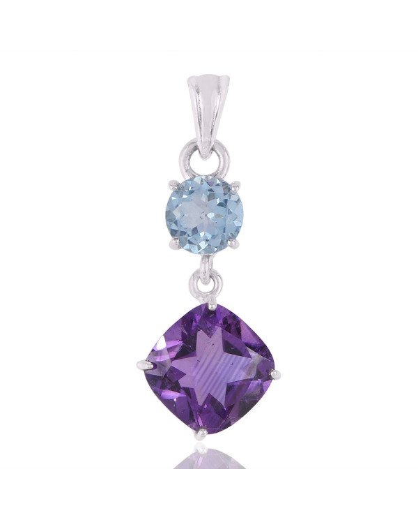 Blue Topaz and Amethyst Sterling Silver Dangle Pendant