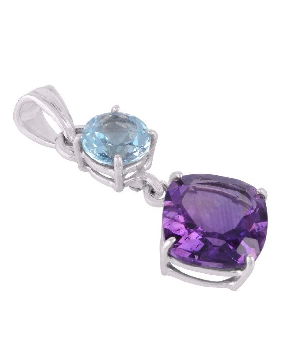 Blue Topaz and Amethyst Sterling Silver Dangle Pendant