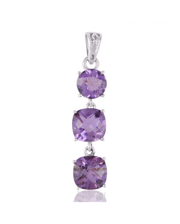 Assorted Amethyst Three Stone Silver Dangle Pendant Necklace