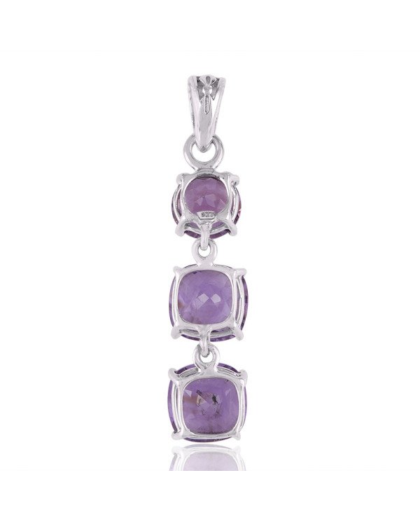 Assorted Amethyst Three Stone Silver Dangle Pendant Necklace