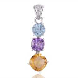 Citrine Amethyst and Blue Topaz BY multi Color Silver Pendant Necklace
