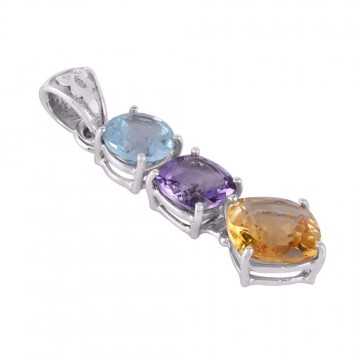 Citrine Amethyst and Blue Topaz BY multi Color Silver Pendant Necklace