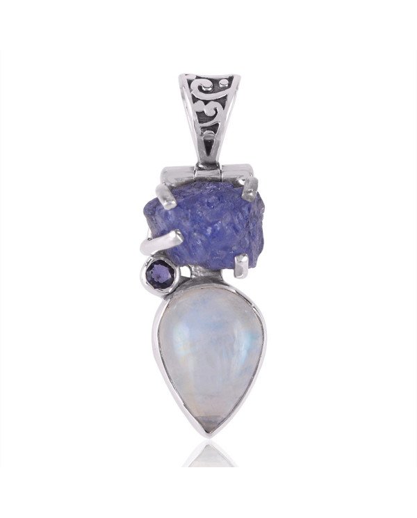 Tanzanite Rough Iolite and Rainbow Moonstone Free Size Jewelry Silver Gemstone Pendant Necklace