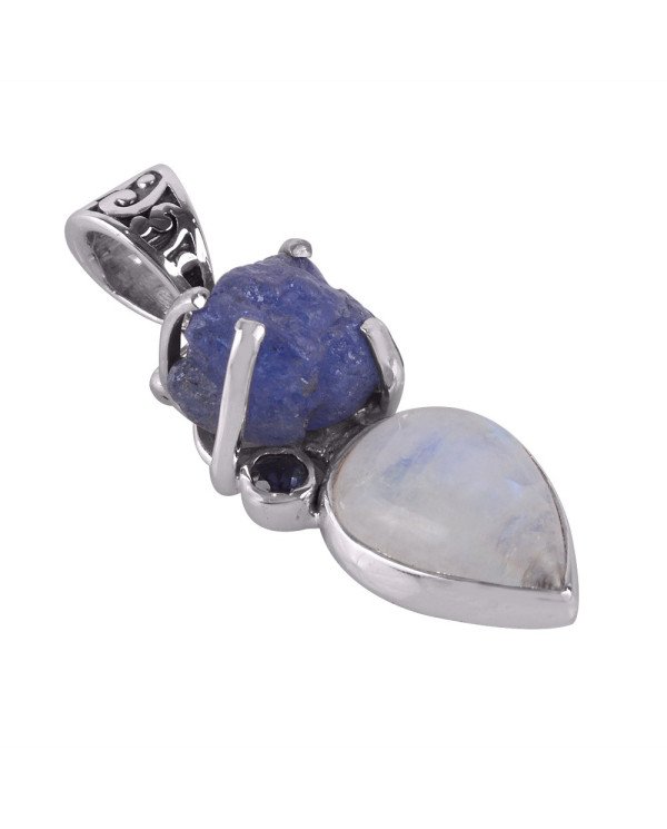 Tanzanite Rough Iolite and Rainbow Moonstone Free Size Jewelry Silver Gemstone Pendant Necklace