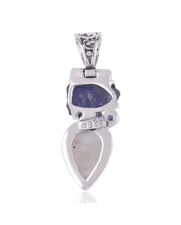 Tanzanite Rough Iolite and Rainbow Moonstone Free Size Jewelry Silver Gemstone Pendant Necklace