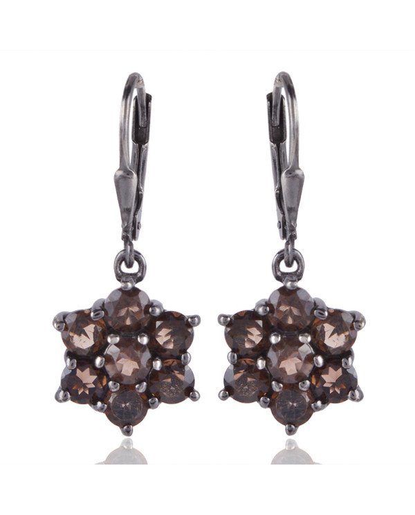 Natural Smokey Quartz Gemstone Earring 925 Sterling Silver Black Rhodium Plated Jewelry