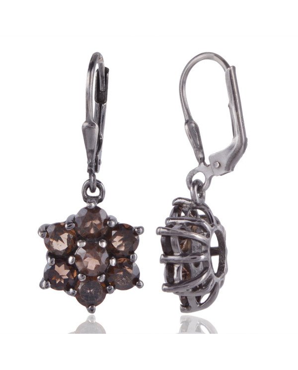 Natural Smokey Quartz Gemstone Earring 925 Sterling Silver Black Rhodium Plated Jewelry