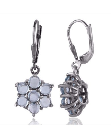 Natural Blue Topaz Cabouchon Gemstone Earring 925 Sterling Silver Black Rhodium Plated  Jewelry