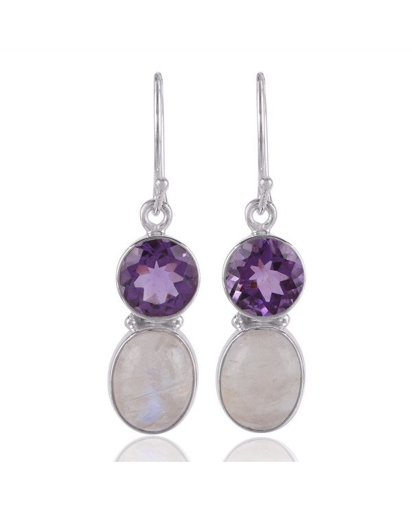 Natural Amethyst and Moonstone Natural Flashy Gemstone 925 Sterling Silver Earring