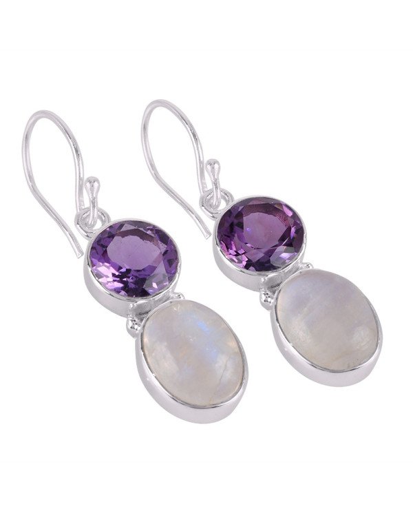 Natural Amethyst and Moonstone Natural Flashy Gemstone 925 Sterling Silver Earring