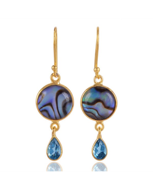 Mother Of  Pearl Natural Abalone Shell and Blue Topaz Unique Combination Gold Vermeil 925 Sterling Silver Earring