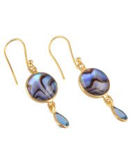 Mother Of  Pearl Natural Abalone Shell and Blue Topaz Unique Combination Gold Vermeil 925 Sterling Silver Earring